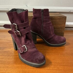 Diesel Women Burgundy Plum Suede Buckle Heeled Ankle Boot Zip Size 40EU 9US